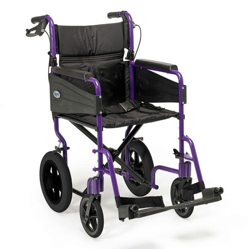Wheelchair with purple frame and black wheels