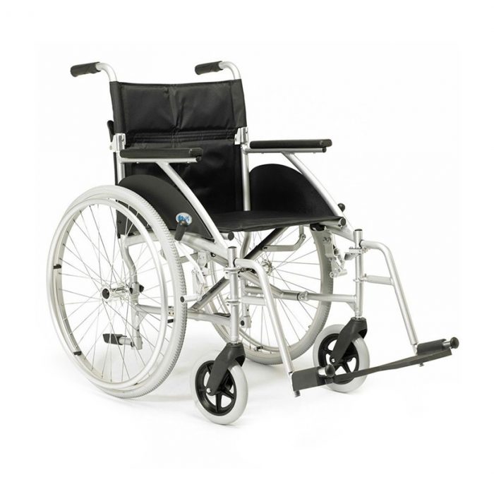 Wheelchair with footrests, silver frame and large rear wheels