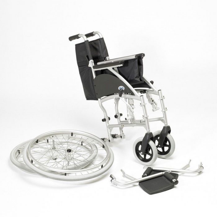 Dismantled wheelchair with wheels and footrests removed